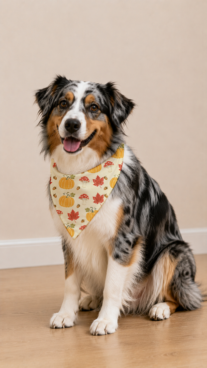 A long-haired Australian Shepherd dog sits on a light wood floor against a beige wall, wearing a cream bandana printed with orange pumpkins, red maple leaves, and small yellow flowers.