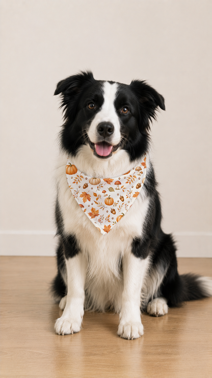  Border Collie wearing a Autumn Leaves Dog Bandana in a front view.