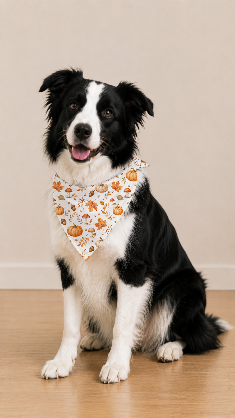 A black and white dog wearing a white bandana with an orange pumpkin and acorn pattern, sitting on a light wood floor against a beige wall.