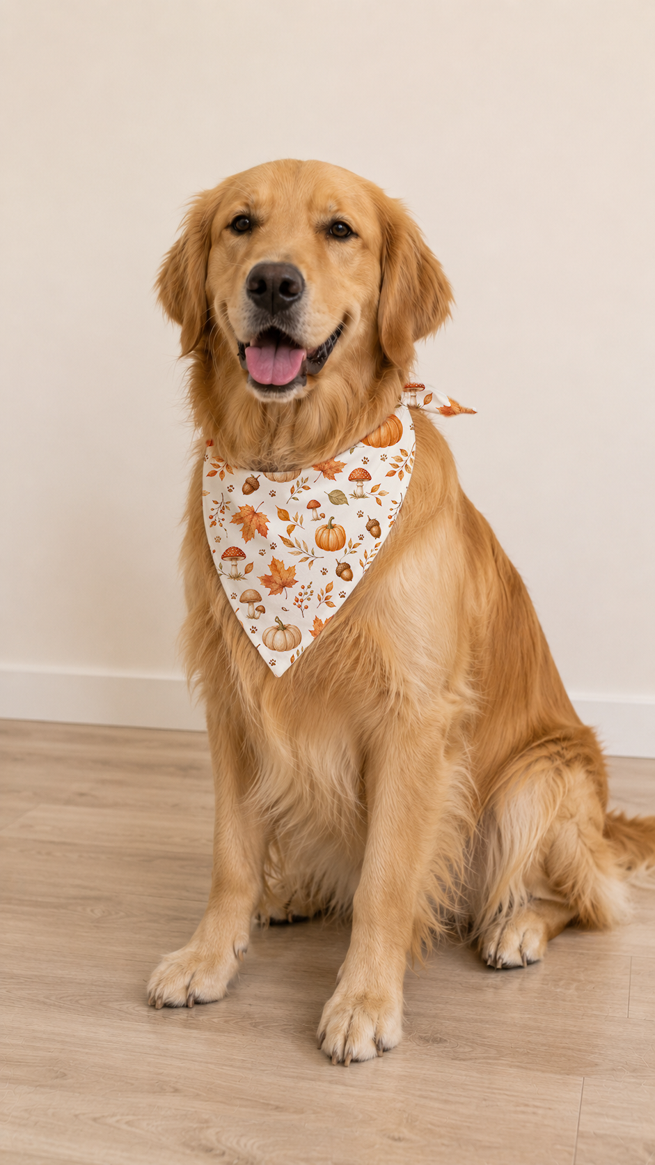 Golden wearing a Autumn Leaves Dog Bandana in a front view.