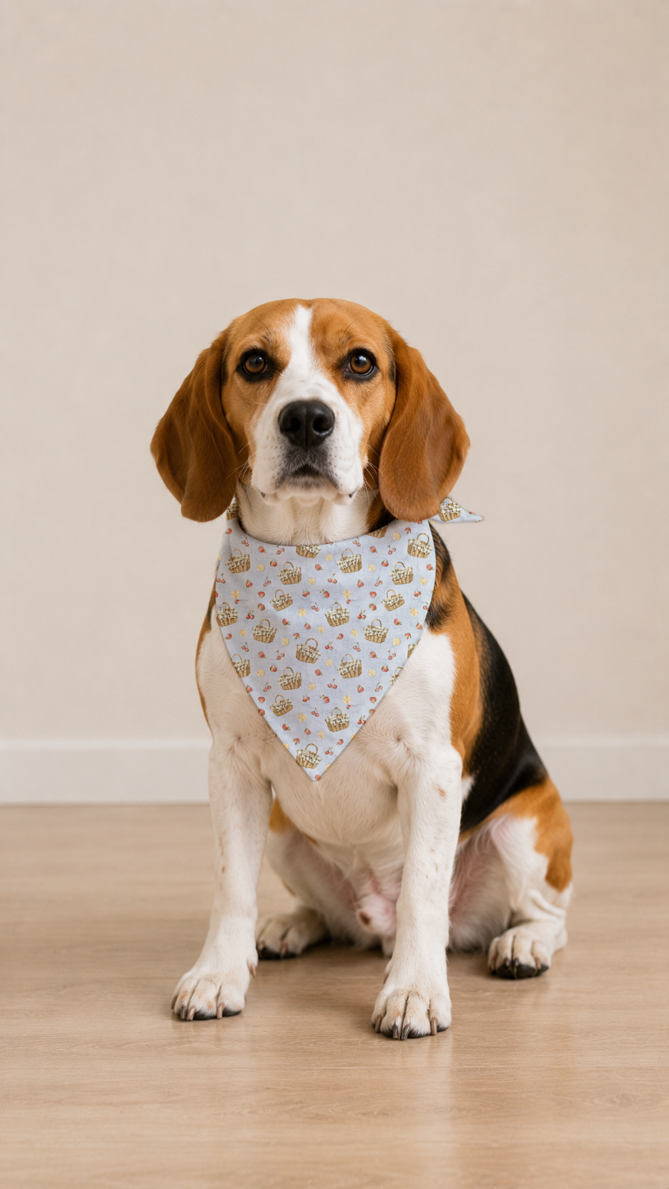 A beagle dog sitting on a light wood floor against a beige wall, wearing a light blue bandana with a small pattern.