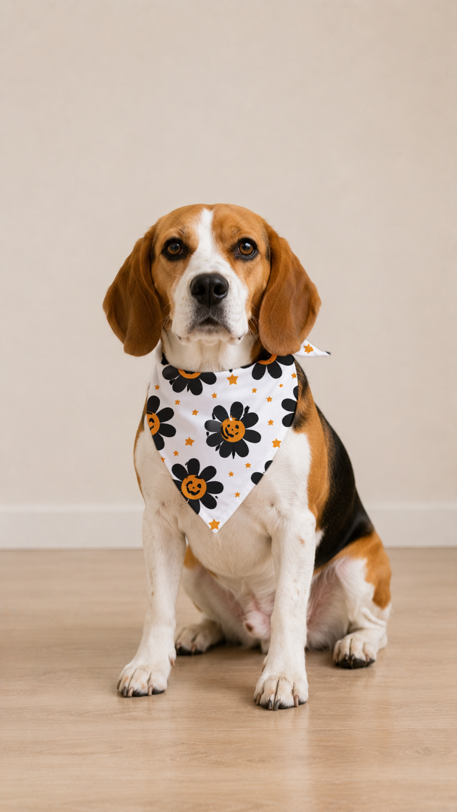 A beagle dog sitting on a light wood floor wearing a white bandana with a black and orange flower pattern, set against a plain beige wall.