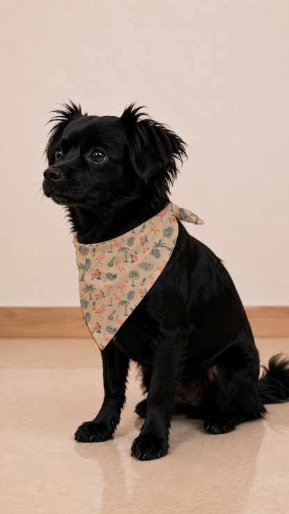 A small black dog wearing a beige bandana with a tropical palm tree pattern, sitting on a light beige tiled floor against a plain beige wall.
