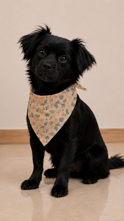 A small black dog wearing a beige bandana-style pet scarf with a colorful tropical floral pattern, sitting on a light beige tiled floor against a plain beige wall.