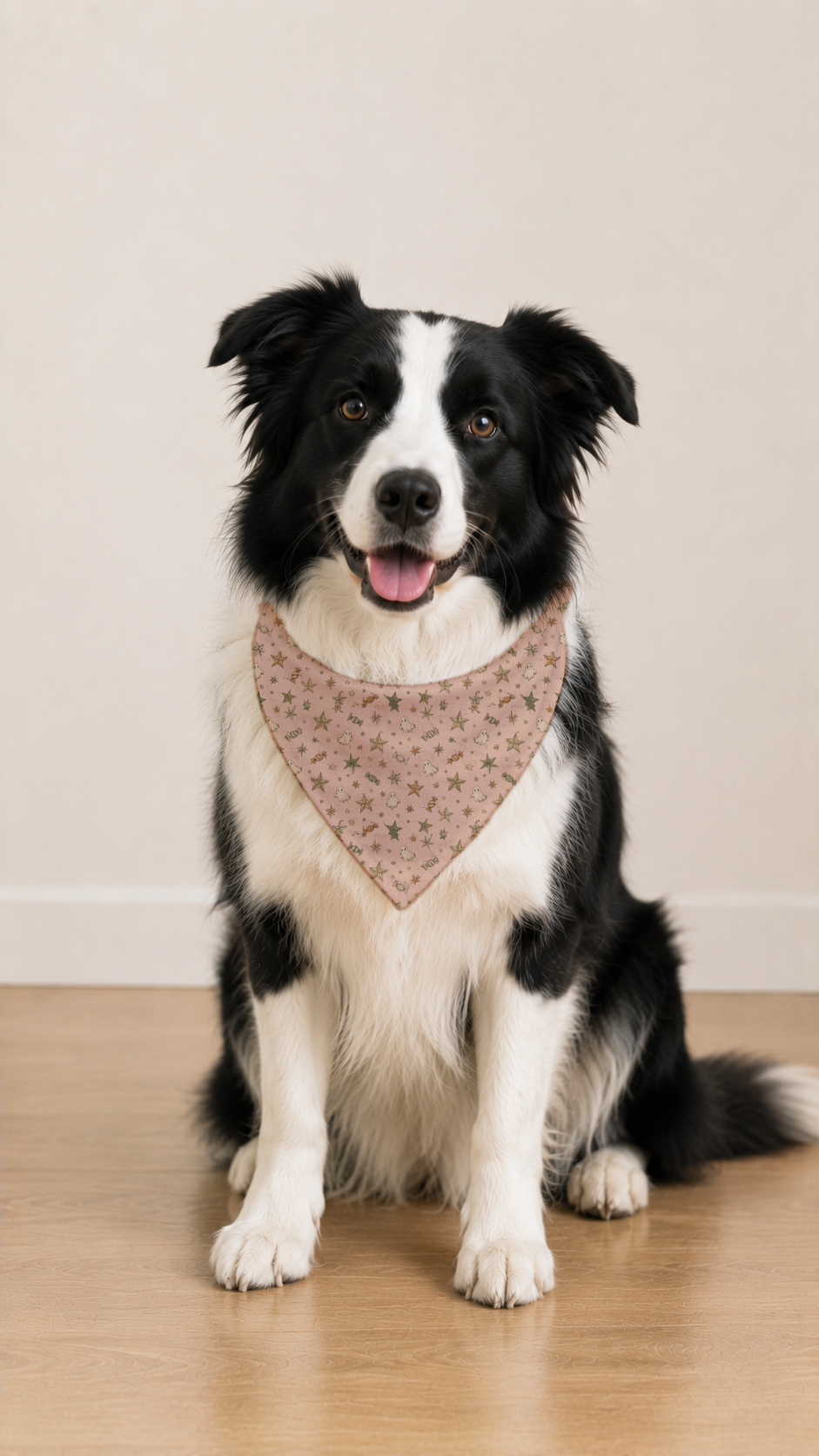 A black and white Border Collie dog sitting on a light wood floor against a beige wall, wearing a white bandana with a pumpkin and autumn leaf pattern.