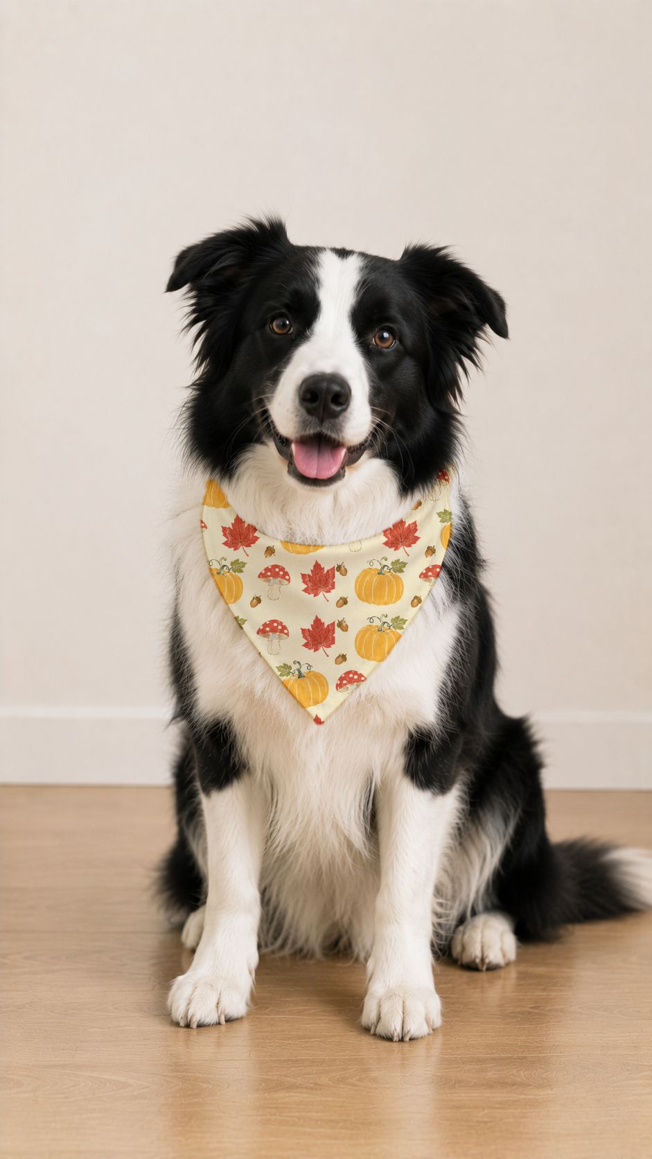 A black and white Border Collie dog sitting on a light wood floor against a beige wall, wearing a white bandana with a pumpkin and autumn leaf pattern.