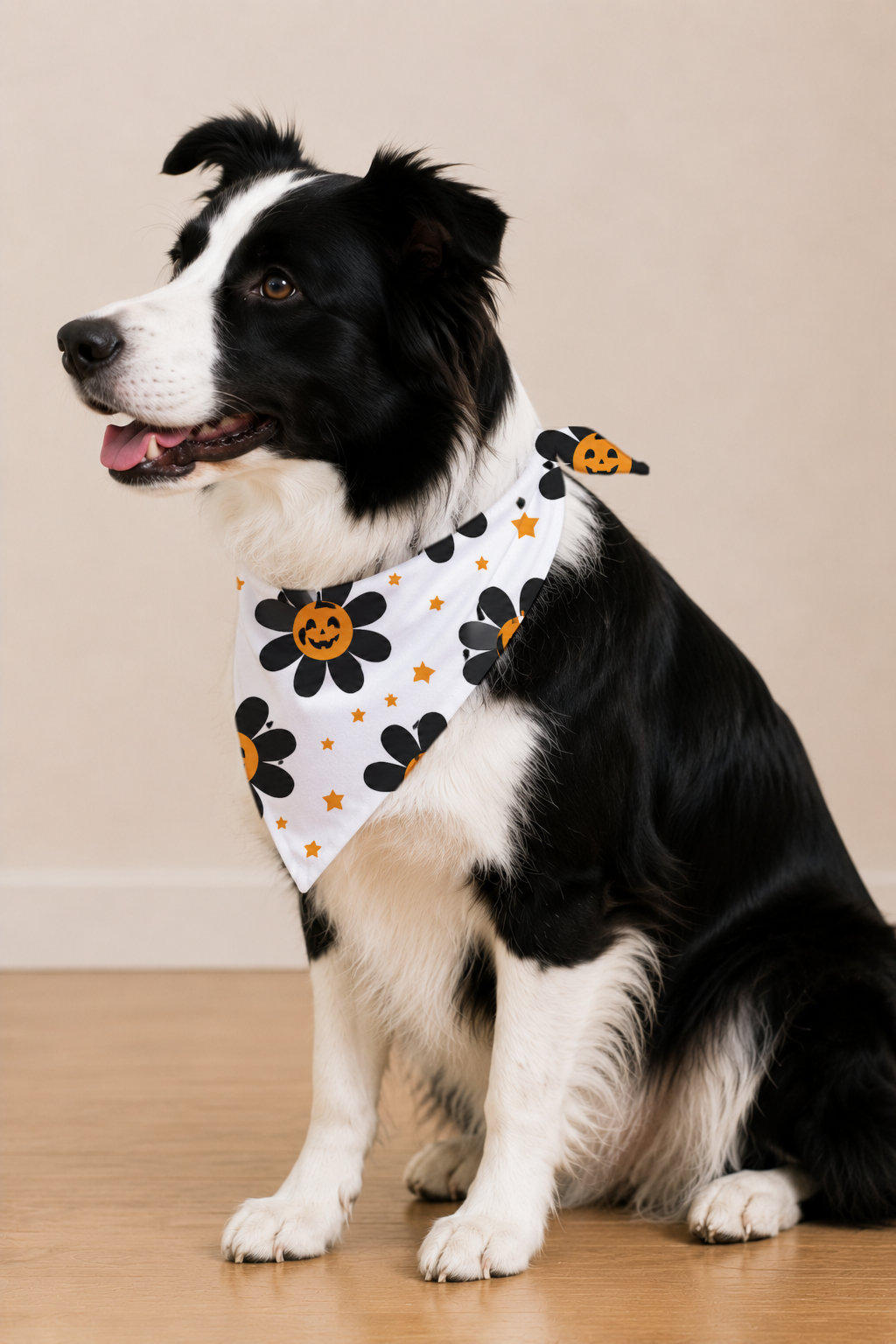 A black and white Border Collie dog wearing a white bandana with black flower and orange pumpkin jack-o'-lantern patterns, sitting on a wooden floor against a beige wall.