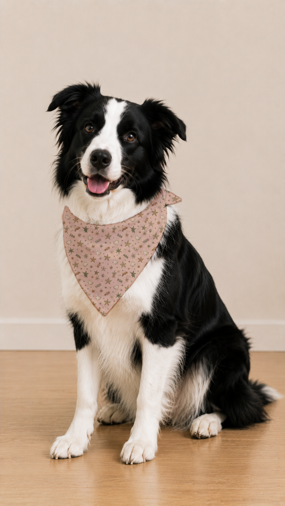 A black and white dog wearing a beige bandana with a small floral pattern, sitting on a light wooden floor against a neutral beige wall.