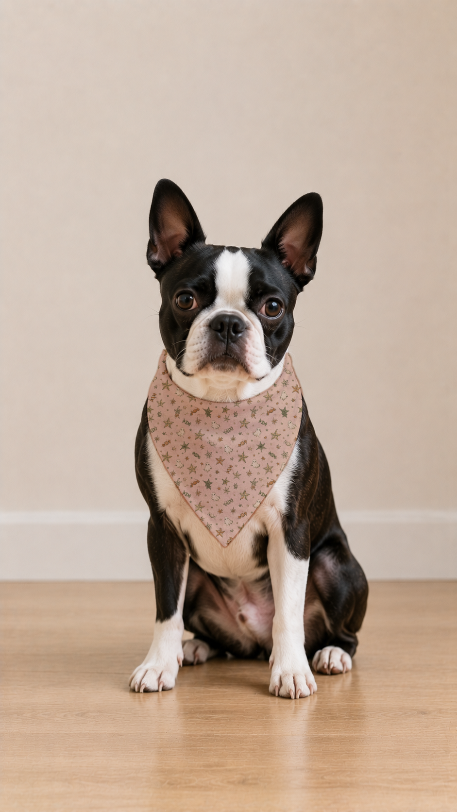 A Boston Terrier dog wearing a beige bandana with a small pink floral pattern, sitting on a light wood floor against a neutral beige background.