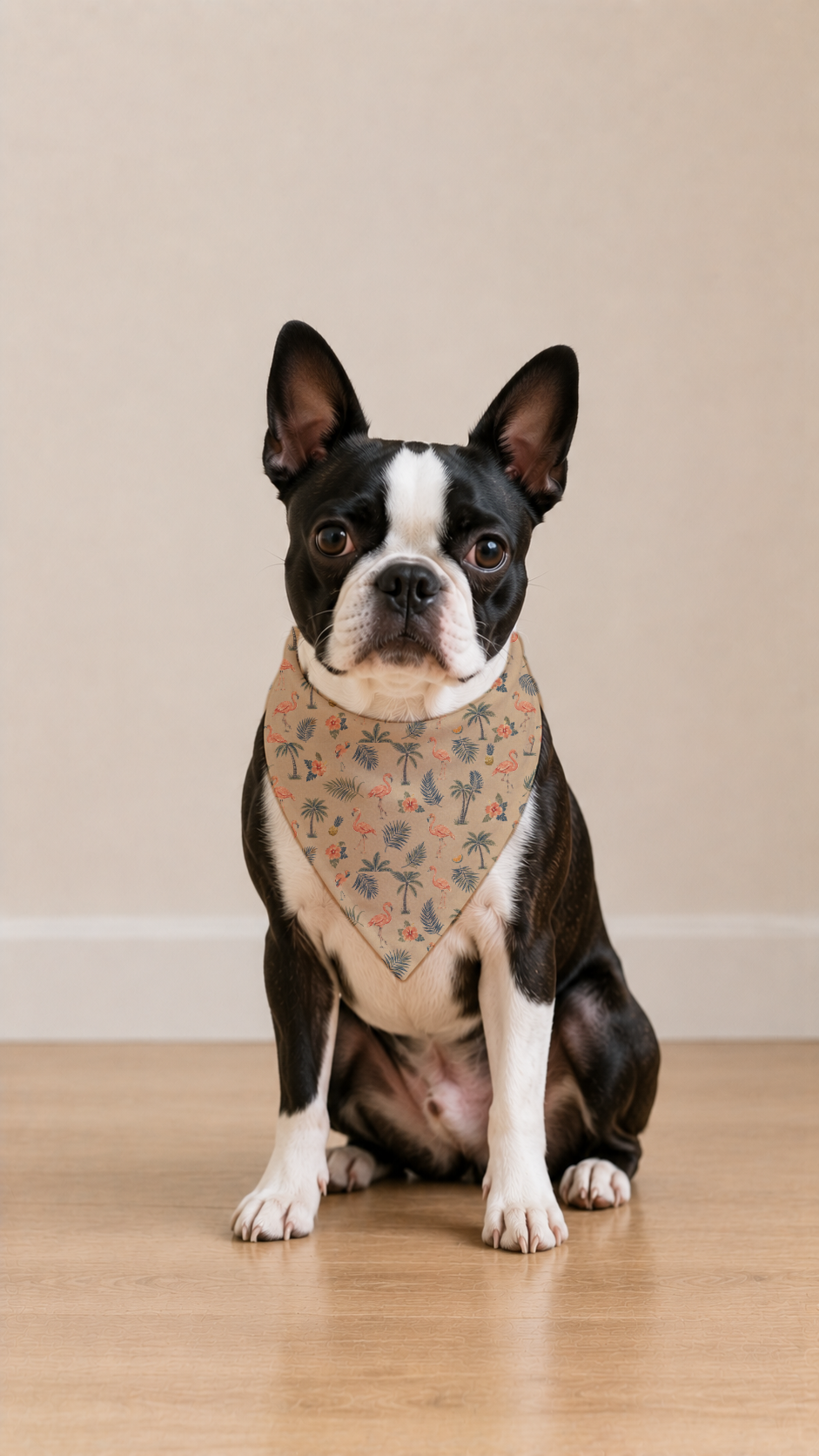 A Boston Terrier dog wearing a beige bandana with a small pink floral pattern, sitting on a light wood floor against a neutral beige background.
