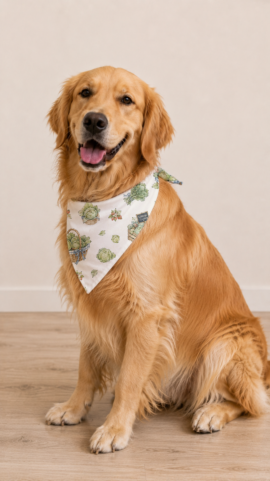 A golden retriever dog sitting on a light wood floor against a beige wall, wearing a white bandana with a green and blue turtle pattern.