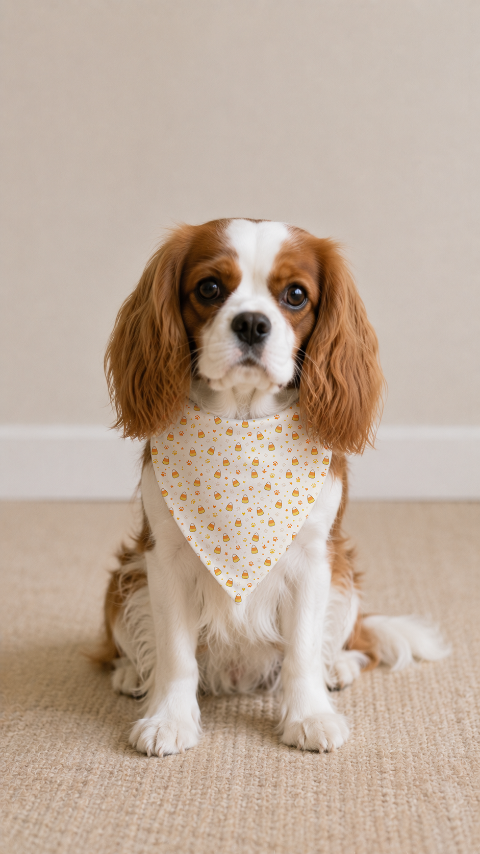 A Cavalier King Charles Spaniel dog wearing a cream bandana with a small yellow floral pattern, sitting on a beige carpeted floor against a neutral beige wall.