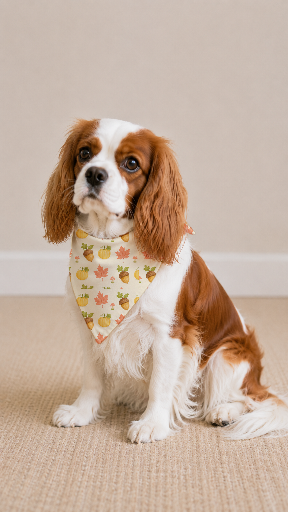 A brown and white Cavalier King Charles Spaniel dog wearing a cream-colored bandana with a fall leaf and acorn pattern, sitting on a beige textured rug against a neutral beige wall.