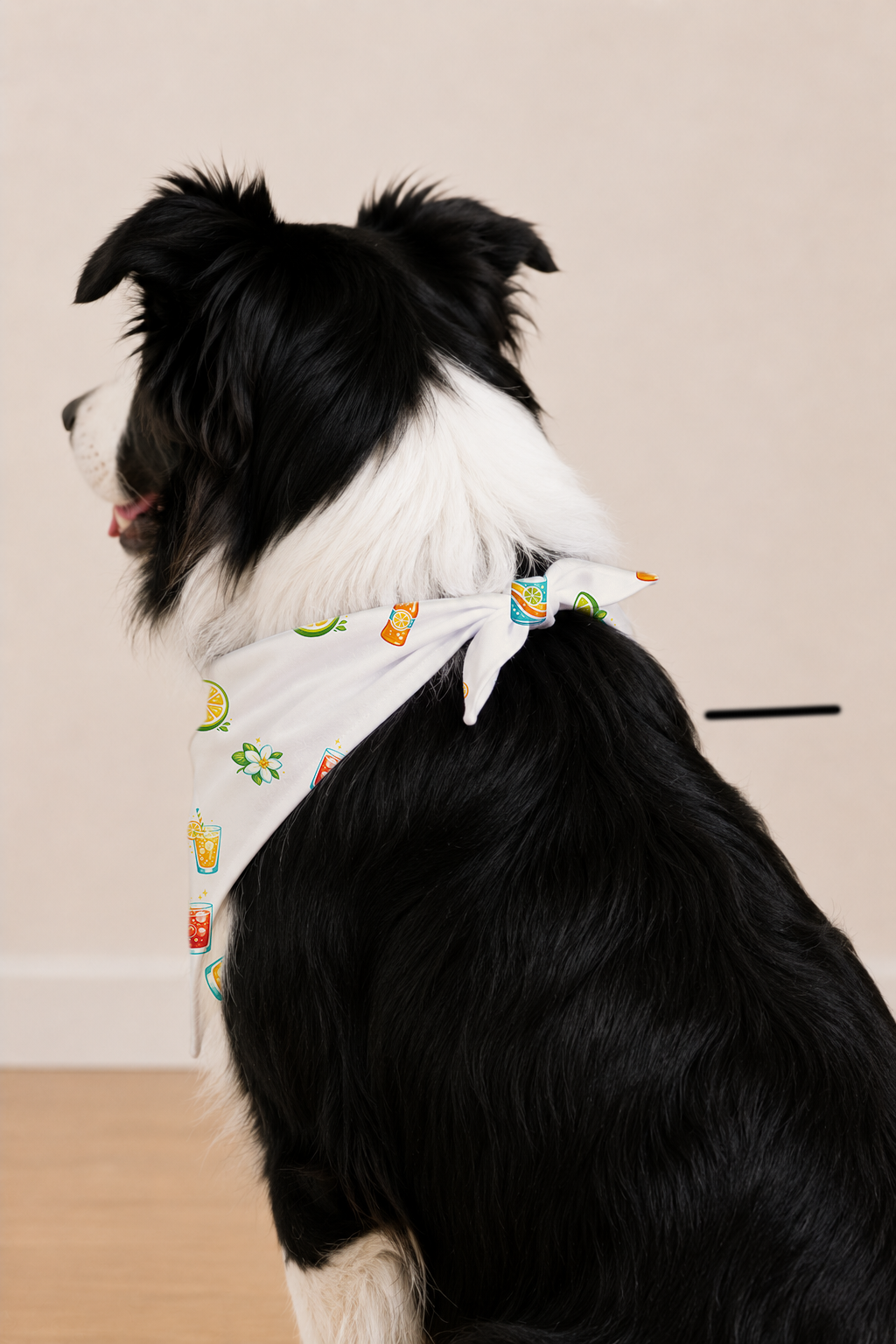 A black and white dog wearing a white bandana printed with colorful cartoon drink cups, shown from the side against a plain beige wall and light wood floor.