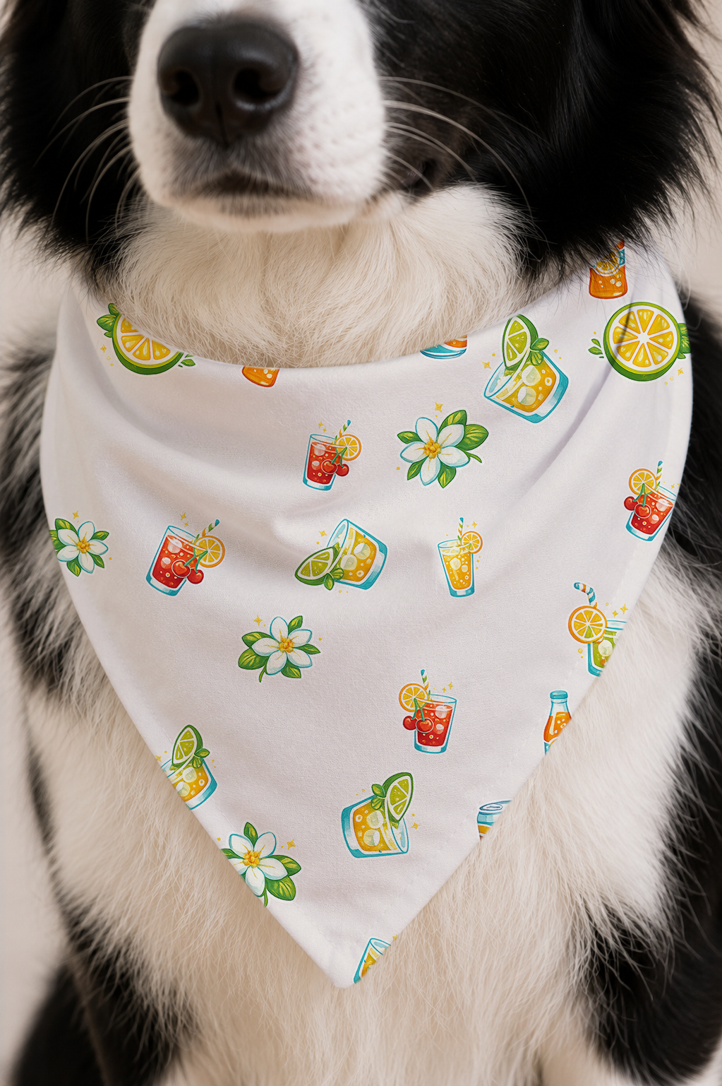 A close-up of a black and white dog wearing a white bandana-style pet scarf printed with colorful tropical cocktail and citrus motifs.