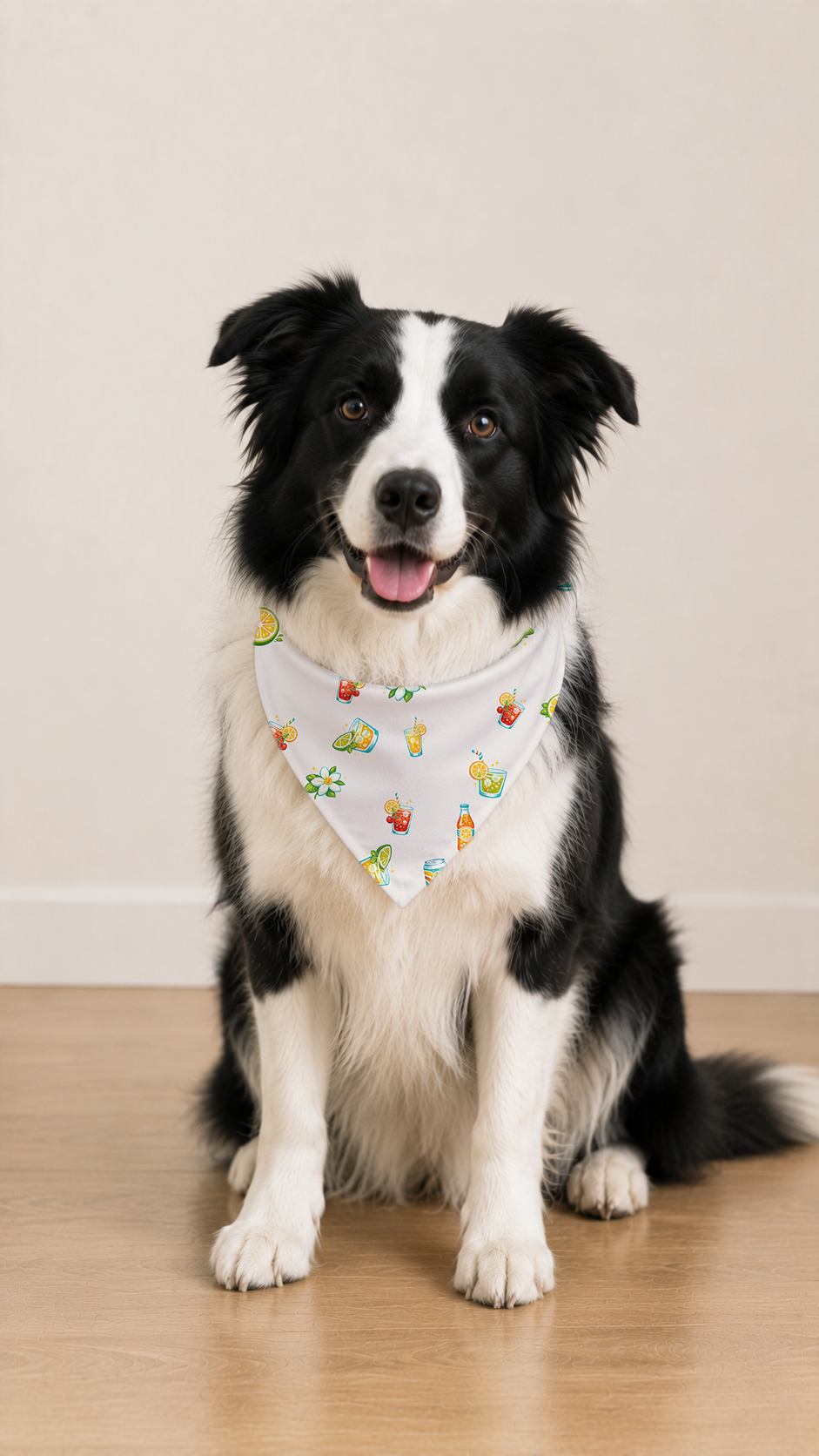A black and white Border Collie dog sitting on a light wood floor against a beige wall, wearing a white bandana with a colorful pattern of cartoon characters.