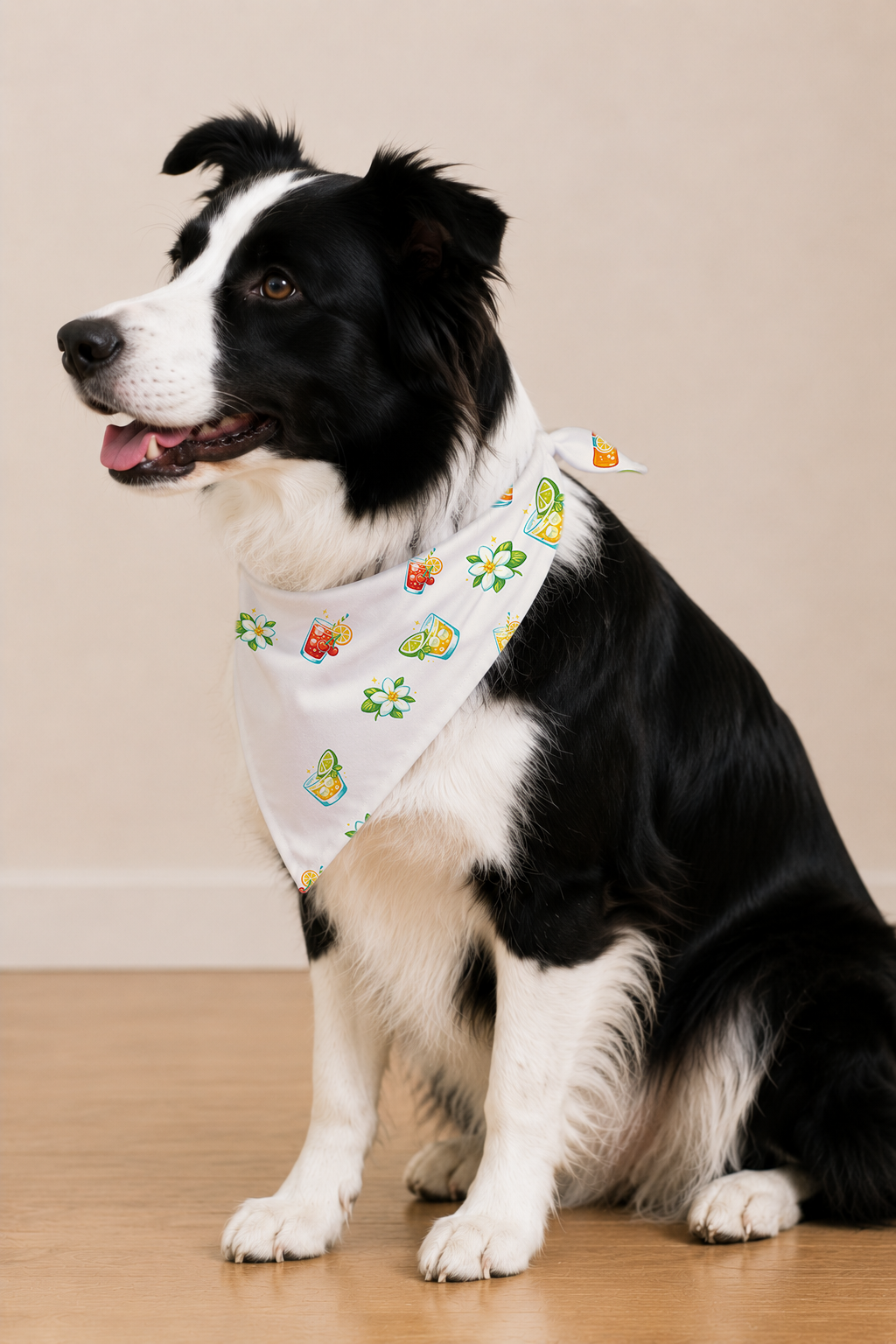 A black and white Border Collie wearing a white bandana with a colorful butterfly and flower pattern, sitting on a wooden floor against a beige wall.