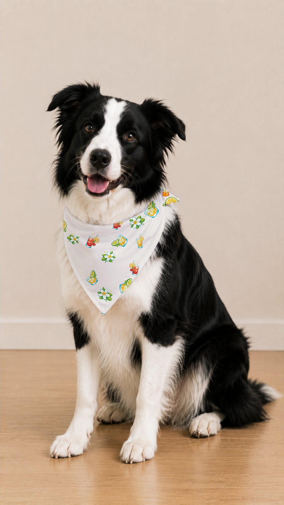 A black and white Border Collie sits on a light wood floor wearing a white bandana with a colorful pattern of cartoon characters and flowers.