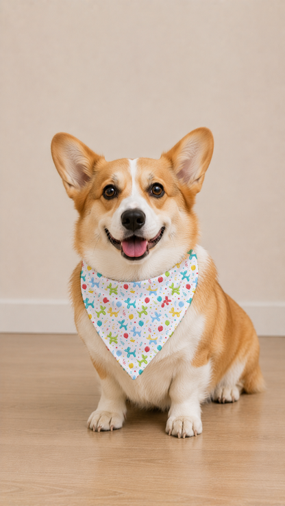 A corgi dog sitting on a light wood floor against a beige wall, wearing a white triangular bandana with a small black and brown pattern.