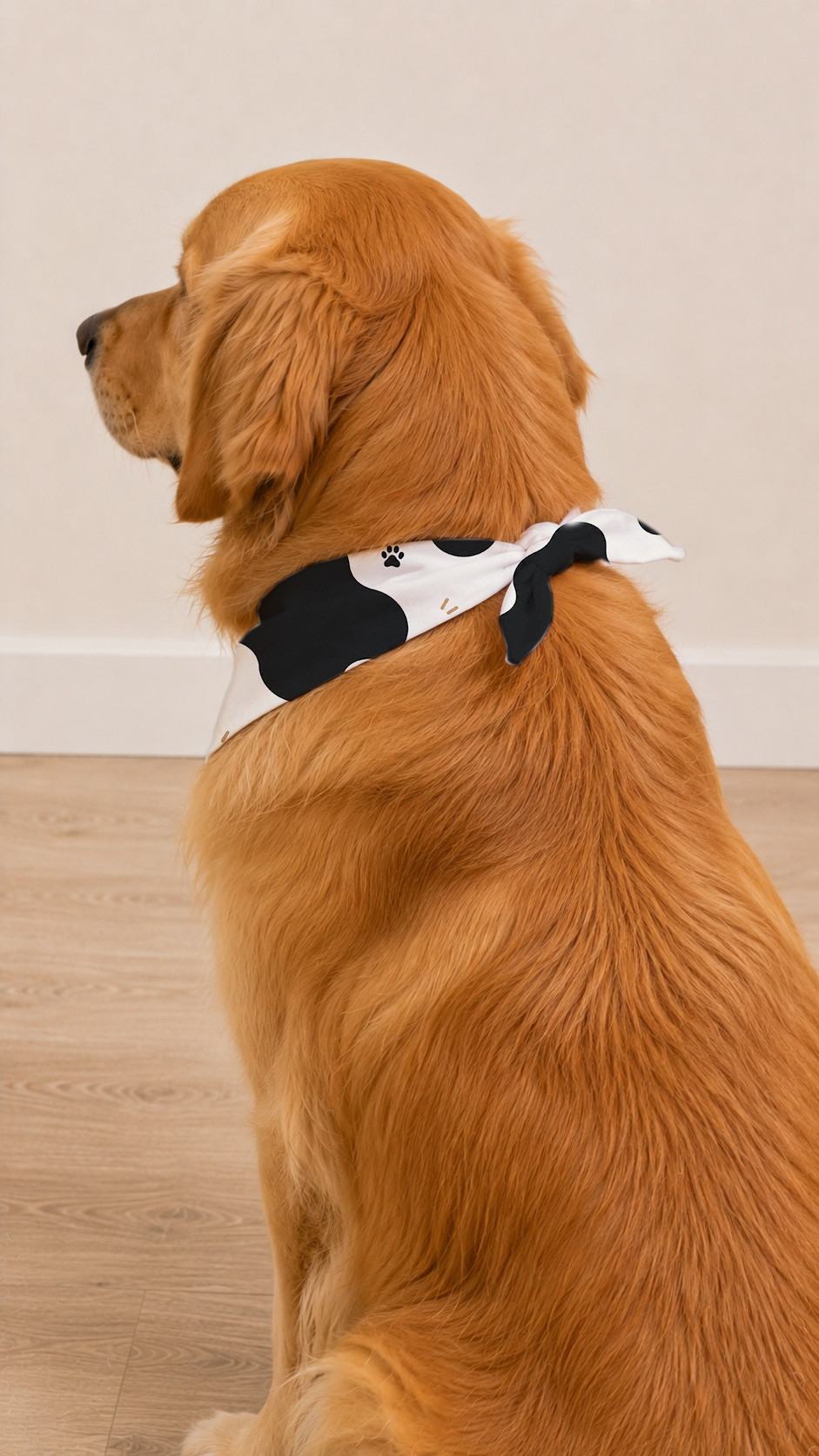 A golden retriever dog wearing a black and white cow-print bandana collar, sitting on a light wood floor against a neutral beige wall.