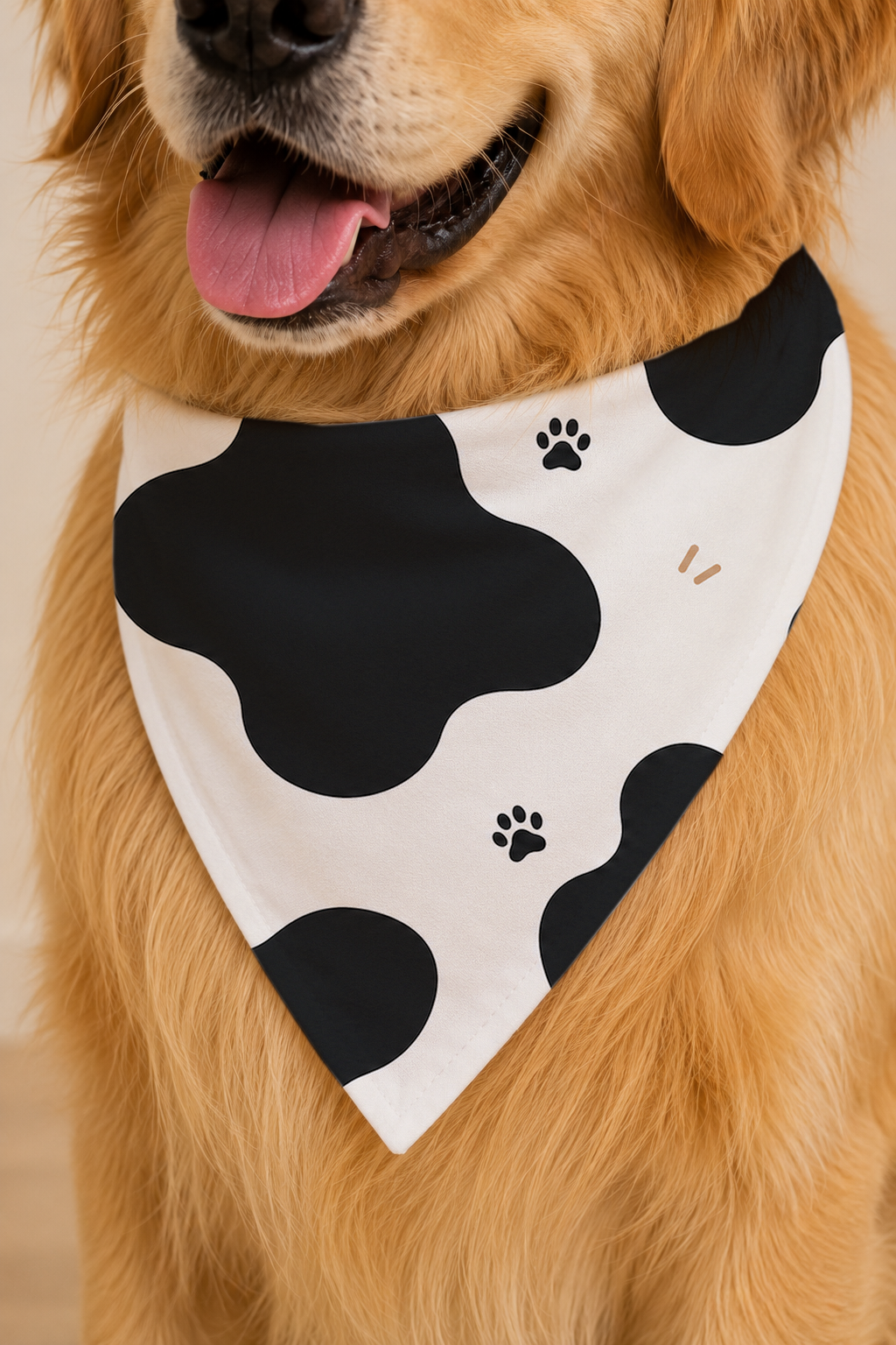 A golden retriever dog wearing a black and white cow-print bandana with small black paw prints, shown in a close-up portrait.