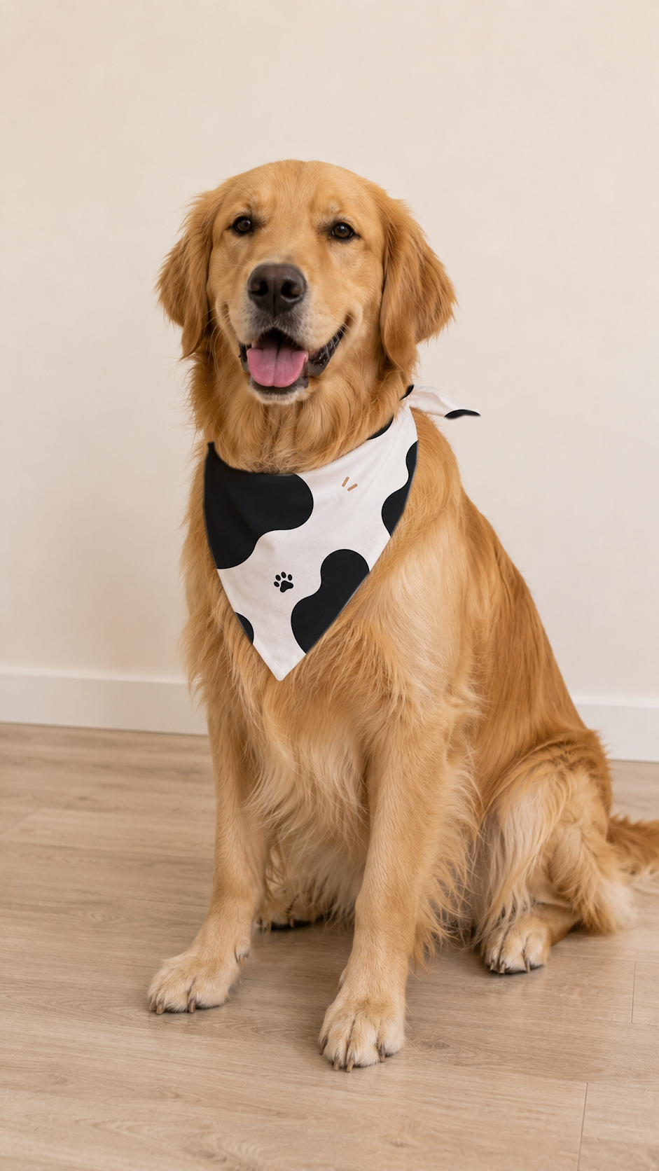 A golden retriever dog sitting on a light wood floor against a beige wall, wearing a black and white cow-print bandana with a small paw print.
