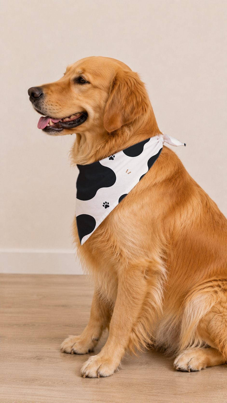 A golden retriever dog wearing a black and white cow-print bandana with small paw prints, sitting on a light wood floor against a beige wall.