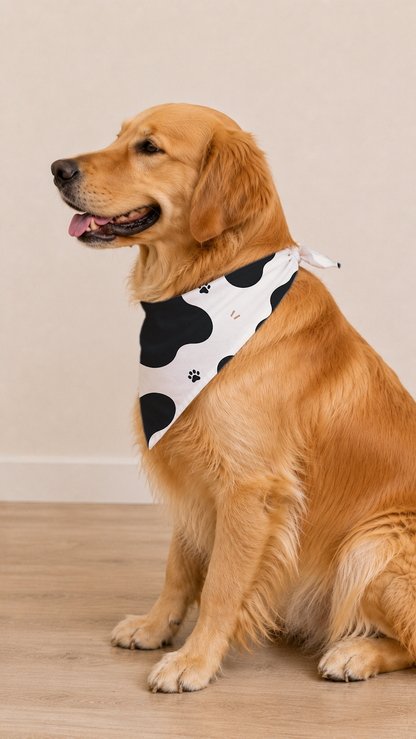 A golden retriever dog wearing a black and white cow-print bandana with small paw prints, sitting on a light wood floor against a beige wall.