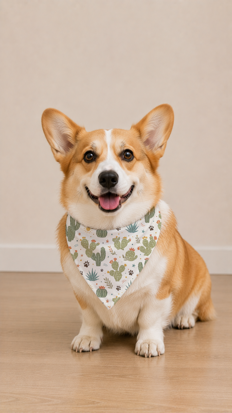 Corgi wearing a Desert Cactus Dog Bandana in a front view.