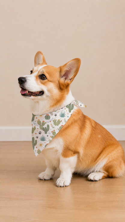 Corgi wearing a Desert Cactus Dog Bandana in a side view.