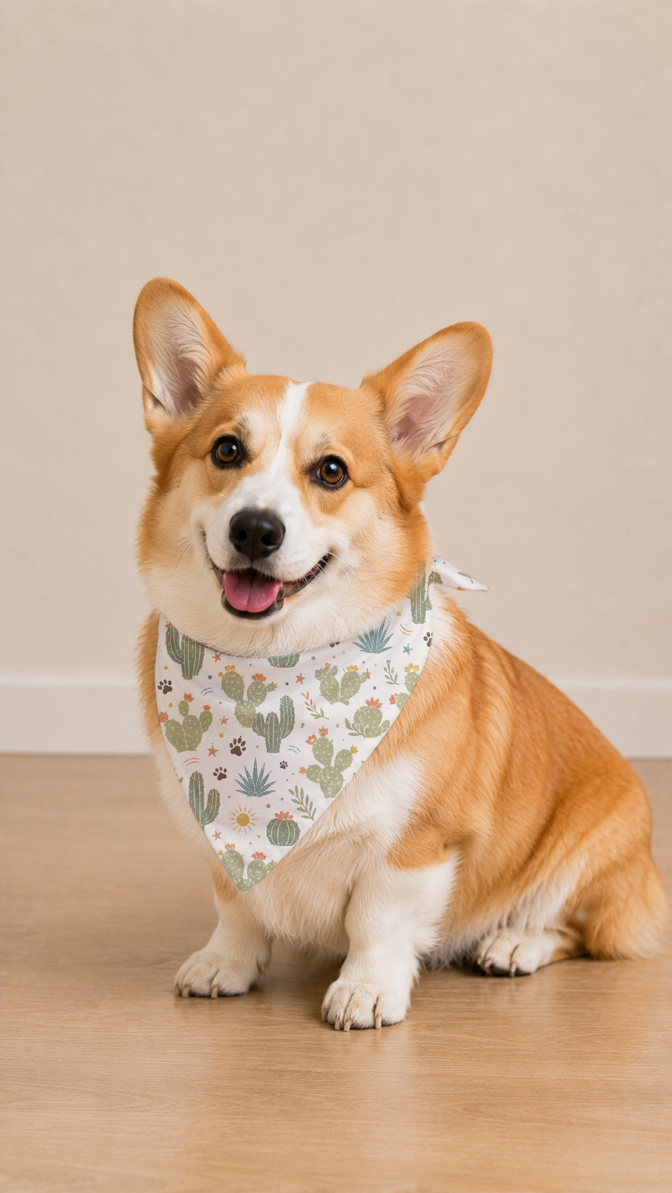 Corgi wearing a Desert Cactus Dog Bandana in a three-quarter view.