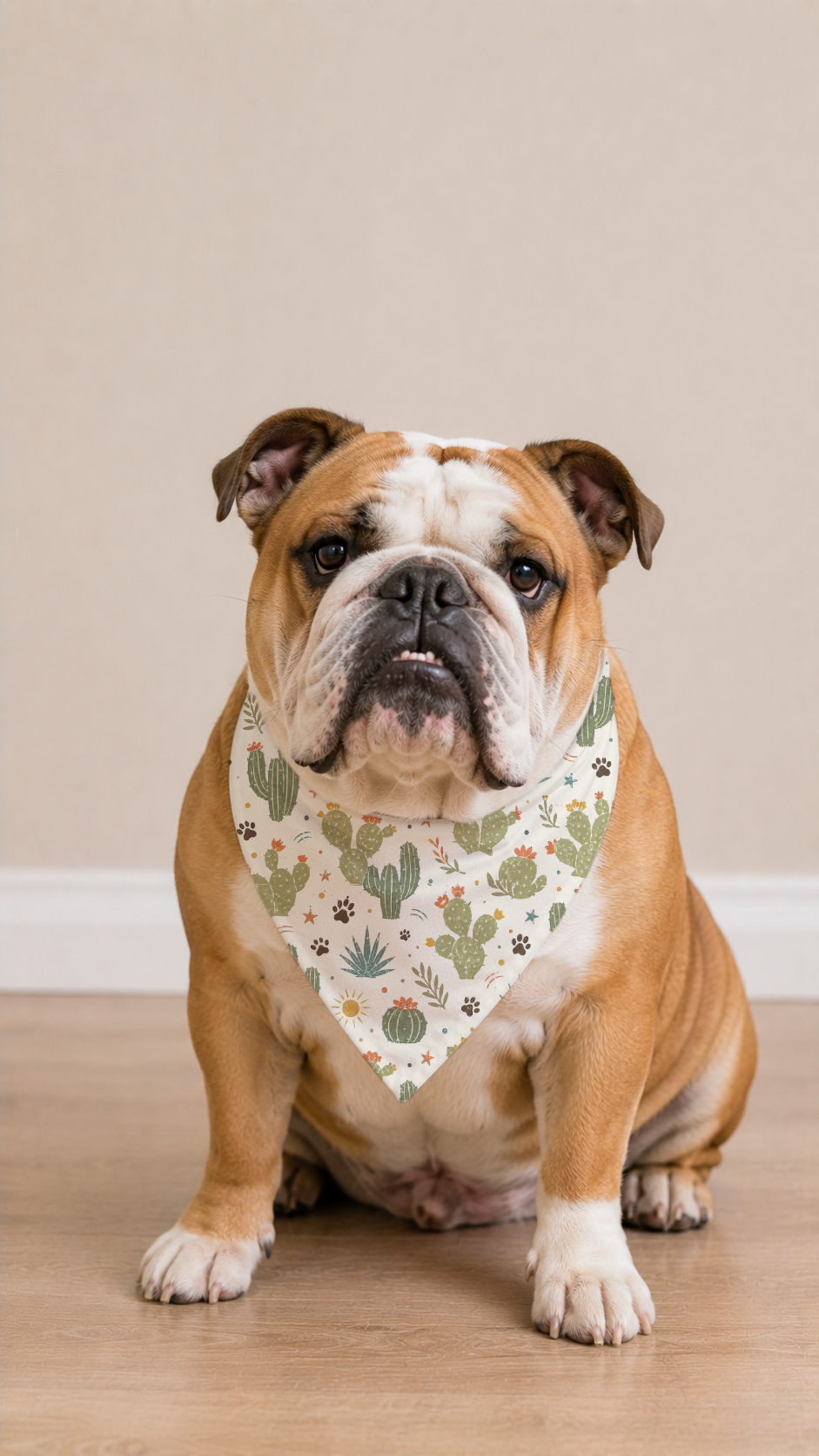 English Bulldog wearing a Desert Cactus Dog Bandana in a front view.