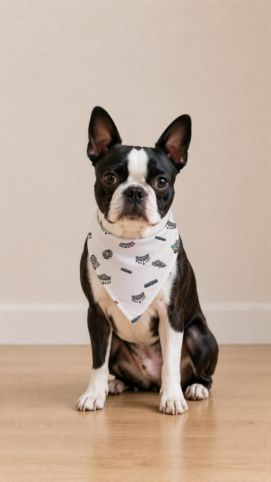 A Boston Terrier dog wearing a white bandana with a black cat print, sitting on a light wooden floor against a beige wall.