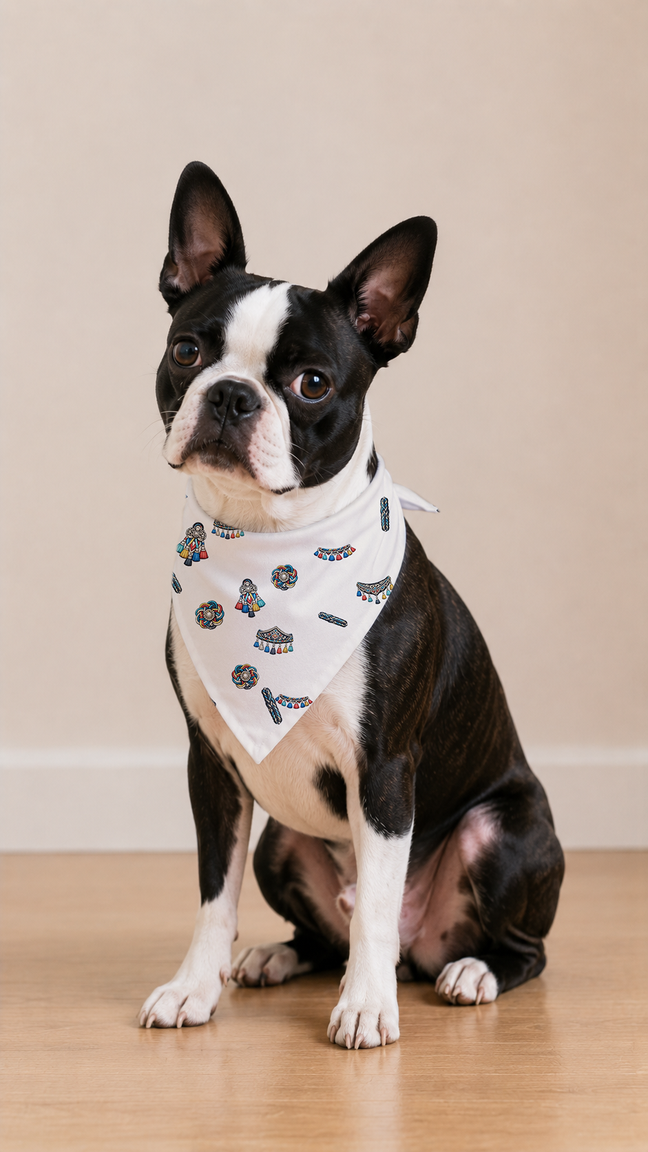 A Boston Terrier dog wearing a white bandana with a black and blue butterfly pattern, sitting on a light wood floor against a beige wall.