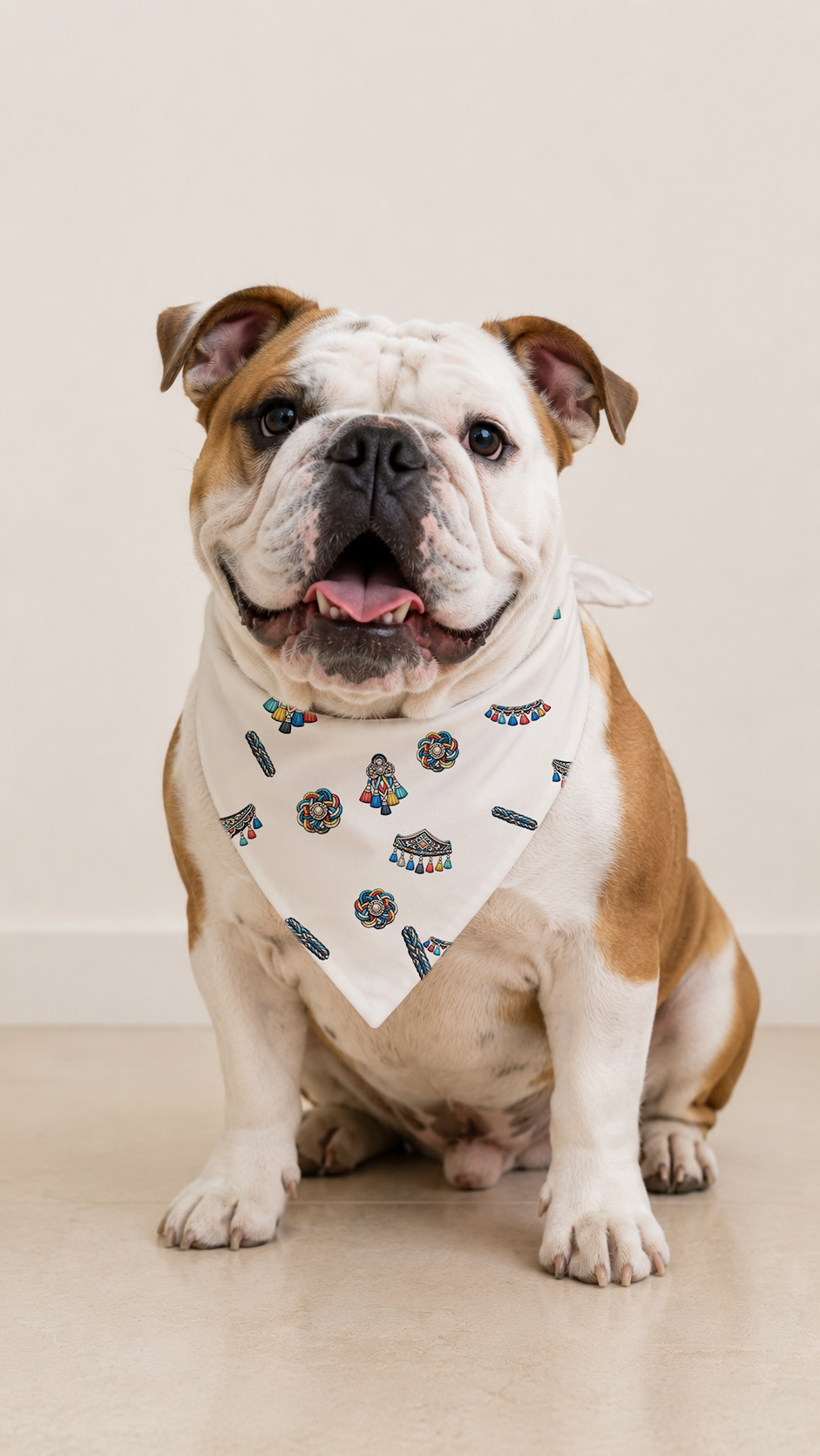 A brown and white English Bulldog sits on a light beige floor wearing a white bandana with a black and blue circus pattern.