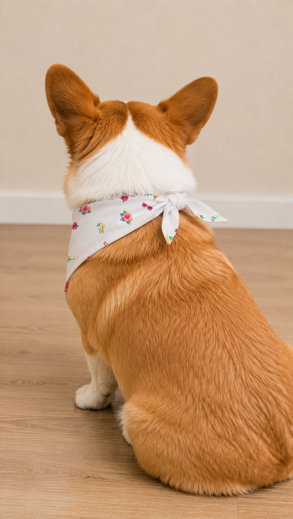 A corgi dog sitting on a light wood floor, viewed from behind, wearing a white bandana with a small pink and green floral pattern tied around its neck.