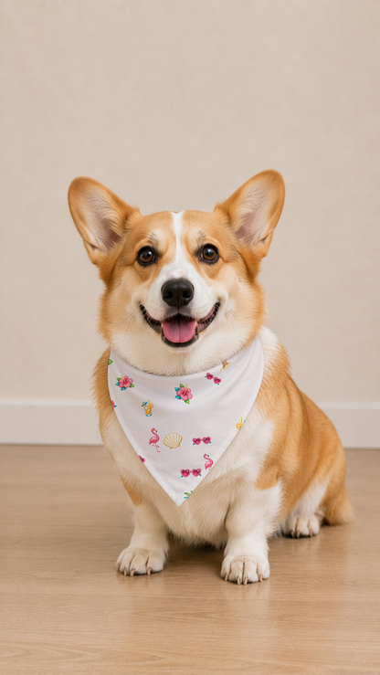 A corgi dog sitting on a light wood floor against a beige wall, wearing a white triangular bandana with a colorful flamingo and floral pattern.