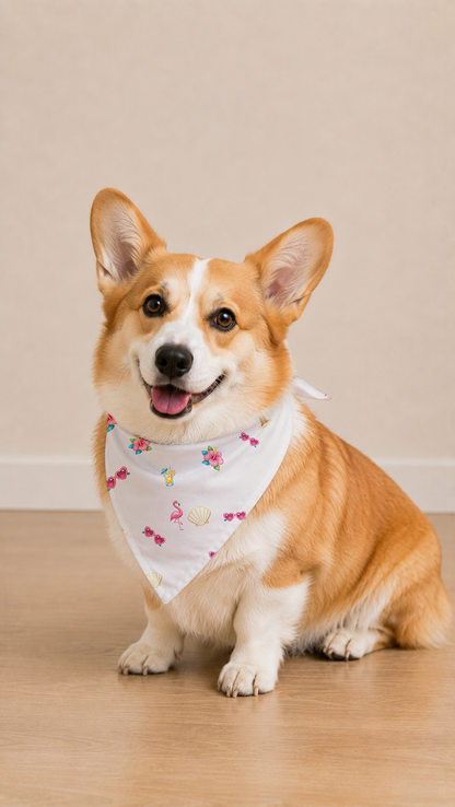 A corgi dog sitting on a light wood floor against a beige wall, wearing a white bandana bib with a colorful cartoon pattern.