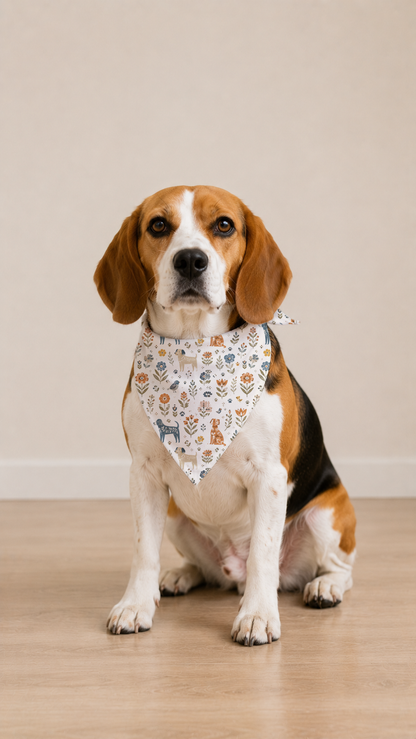 A beagle dog sitting on a light wood floor against a beige wall, wearing a white bandana with a colorful teddy bear pattern.