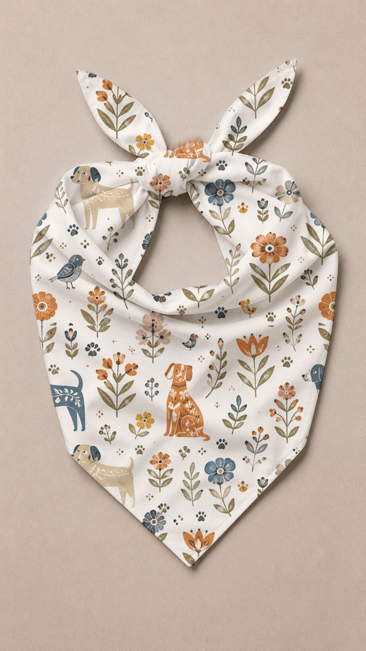 Flat lay view of a Folk Art Floral Dog Bandana.