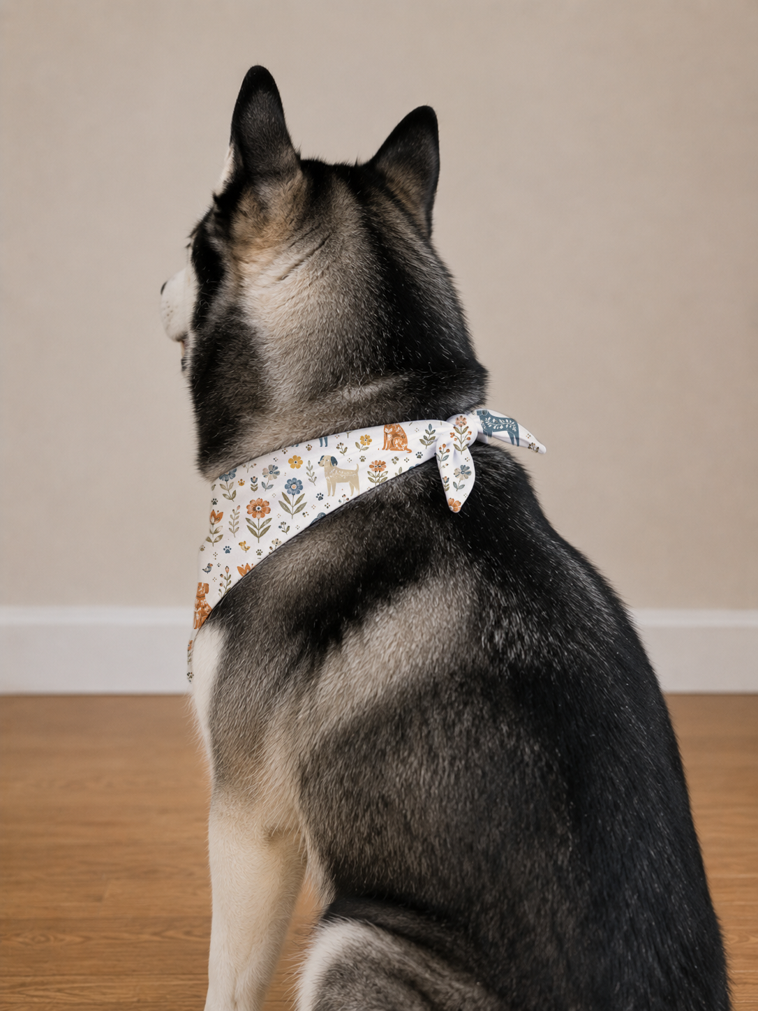 A husky dog shown from the back and side, wearing a patterned bandana on its neck, sitting on a wooden floor against a plain beige wall.