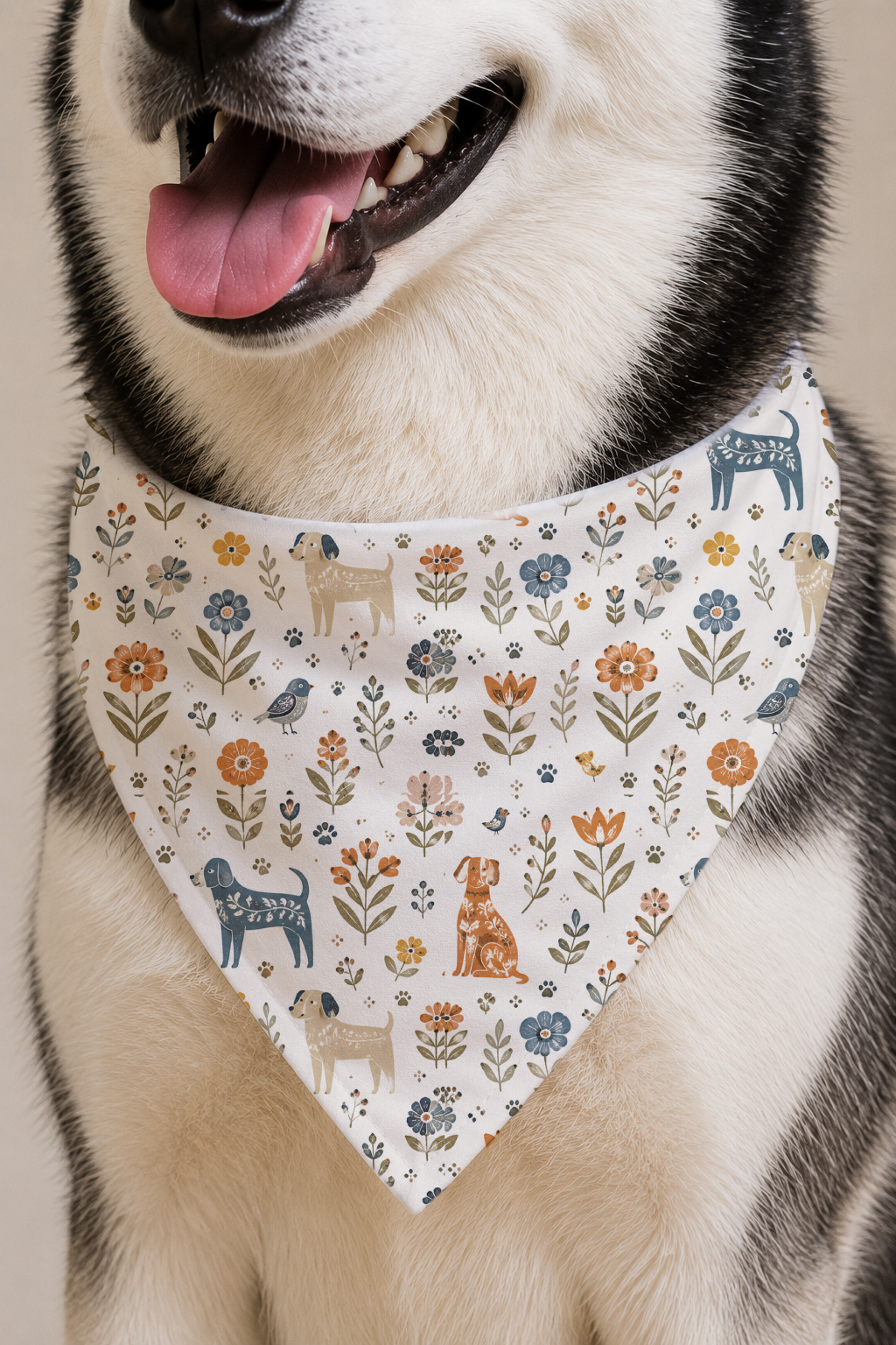 A close-up of a dog wearing a triangular bandana with a floral and dog-print pattern. The bandana features small blue, orange, and brown dogs, flowers, and leaves on a light cream background.