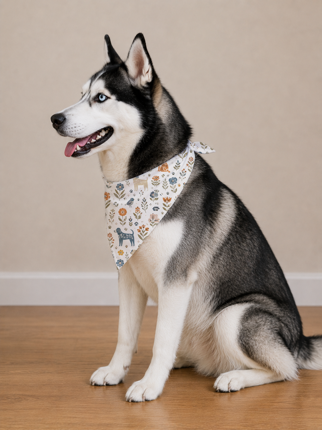 A Siberian husky dog sitting on a wooden floor wearing a patterned bandana, set against a plain beige wall.
