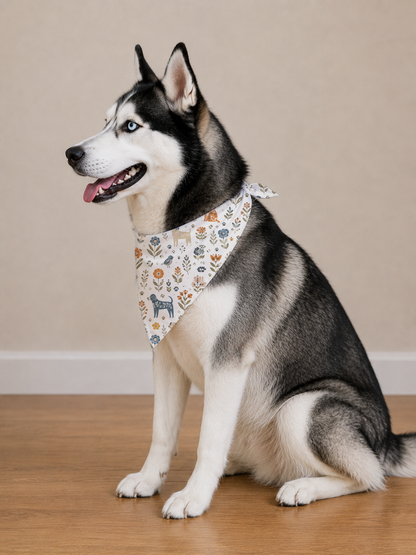 A Siberian husky dog sitting on a wooden floor wearing a patterned bandana, set against a plain beige wall.