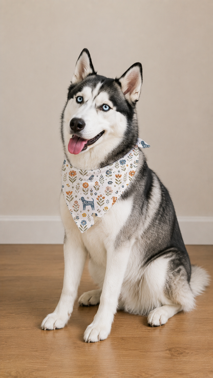 A Siberian husky dog sitting on a wooden floor against a beige wall, wearing a white bandana with a colorful dog-themed pattern.