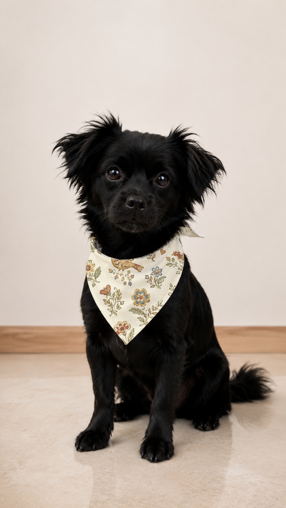 A small black dog wearing a cream bandana with a delicate floral and butterfly pattern, sitting on a light beige floor against a neutral beige wall.