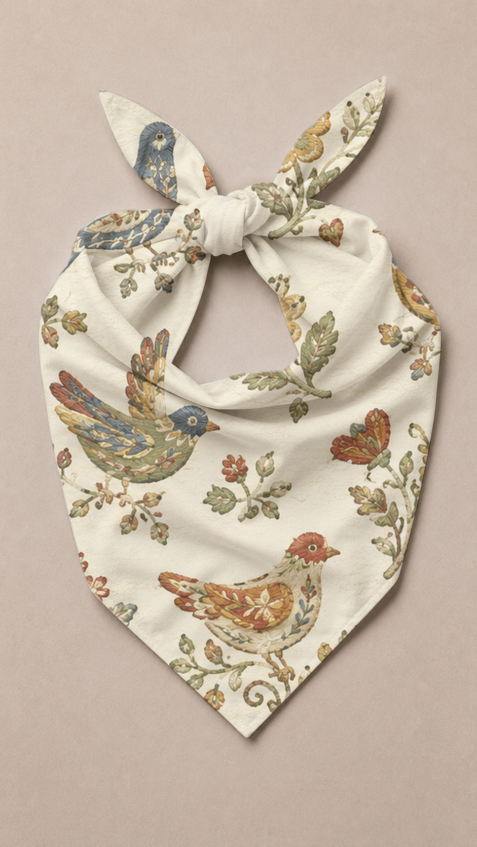 A cream-colored baby bandana or neck gaiter featuring a vintage-style print of birds, flowers, and leaves, tied in a knot at the top and displayed flat against a solid beige background.