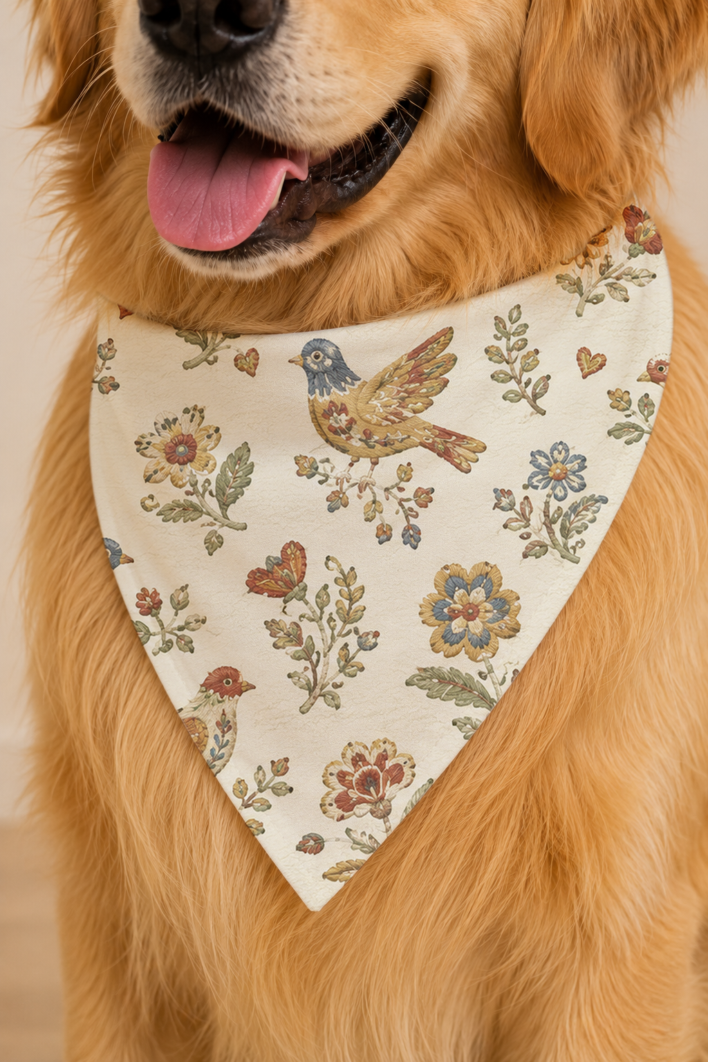 A golden retriever dog wearing a cream-colored triangular bandana with a vintage-style floral and bird pattern.