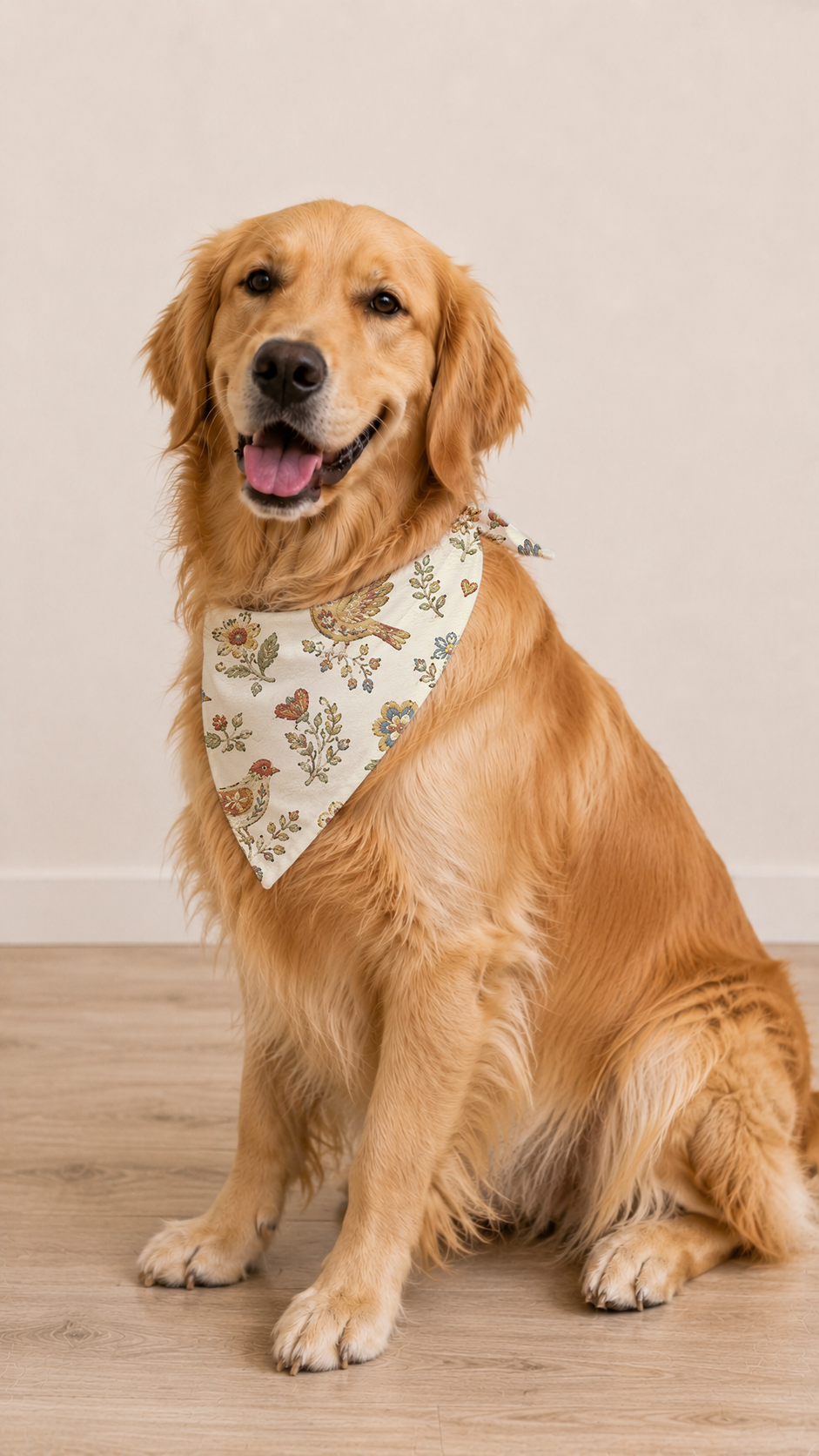 A golden retriever dog sitting on a light wood floor against a plain beige wall, wearing a cream bandana with a delicate floral and butterfly pattern.