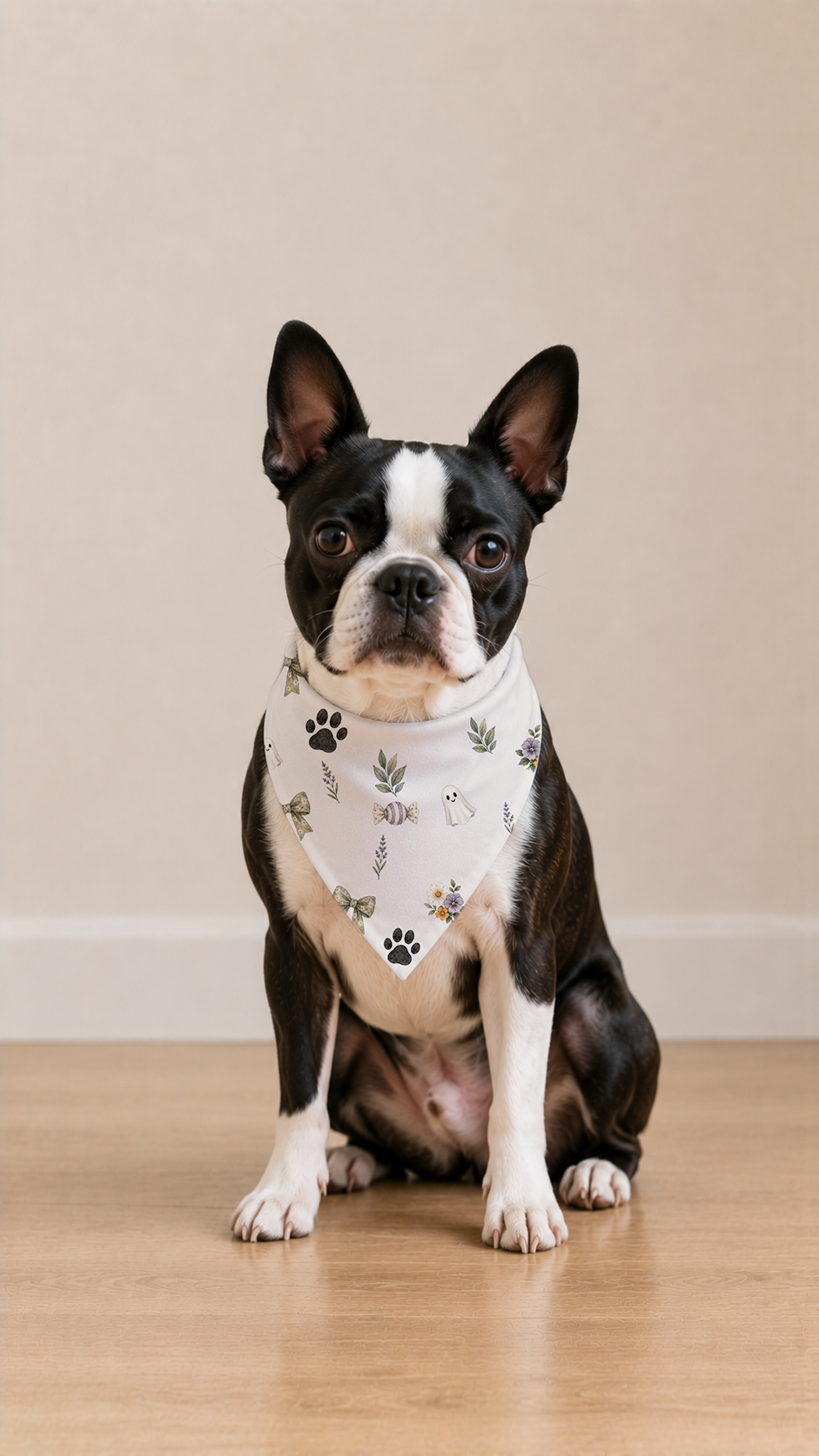 A Boston Terrier dog wearing a white bandana with a green and black botanical and paw print pattern, sitting on a light wood floor against a beige wall.